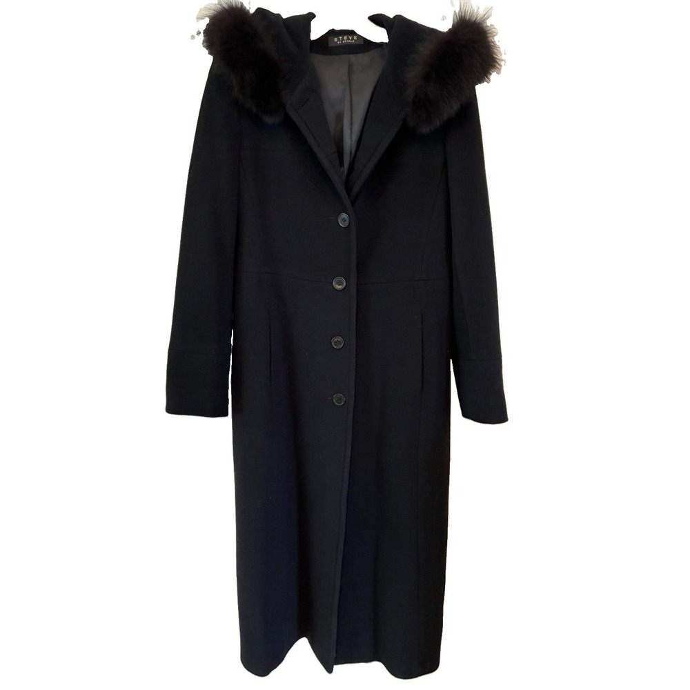 Vintage Steve by Searle Faux Fur Hooded Cashmere Blend Long Coat Women Sz 10